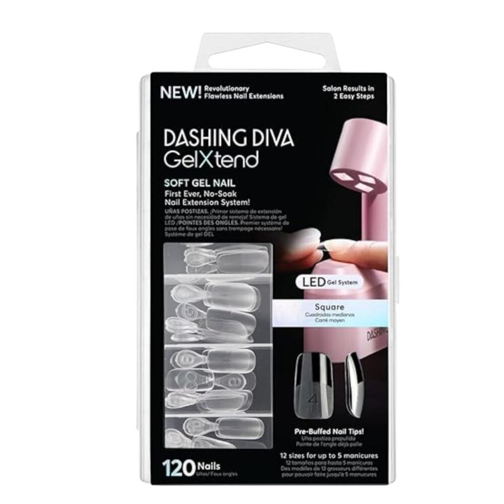 Dashing Diva Gelxtend Nail Tips - Clear, Medium Square - Press on Nails with LED